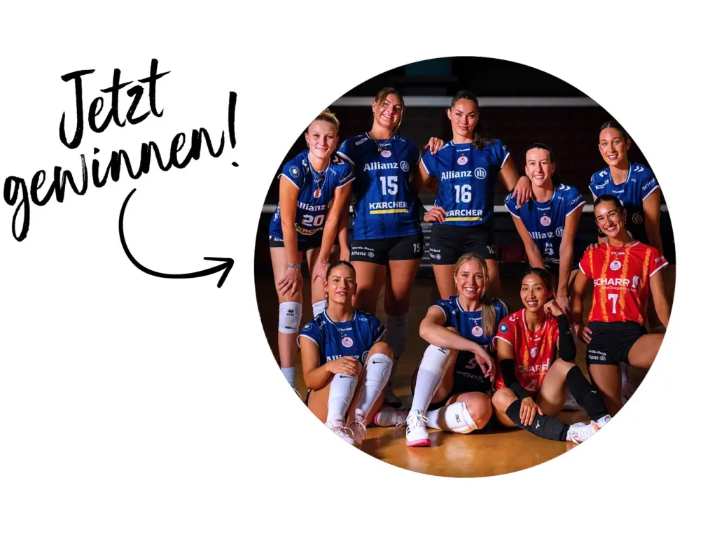 Zu sehen ist das Team des Allianz MTV Stuttgart mit dem Text "Jetzt gewinnen!" daneben.