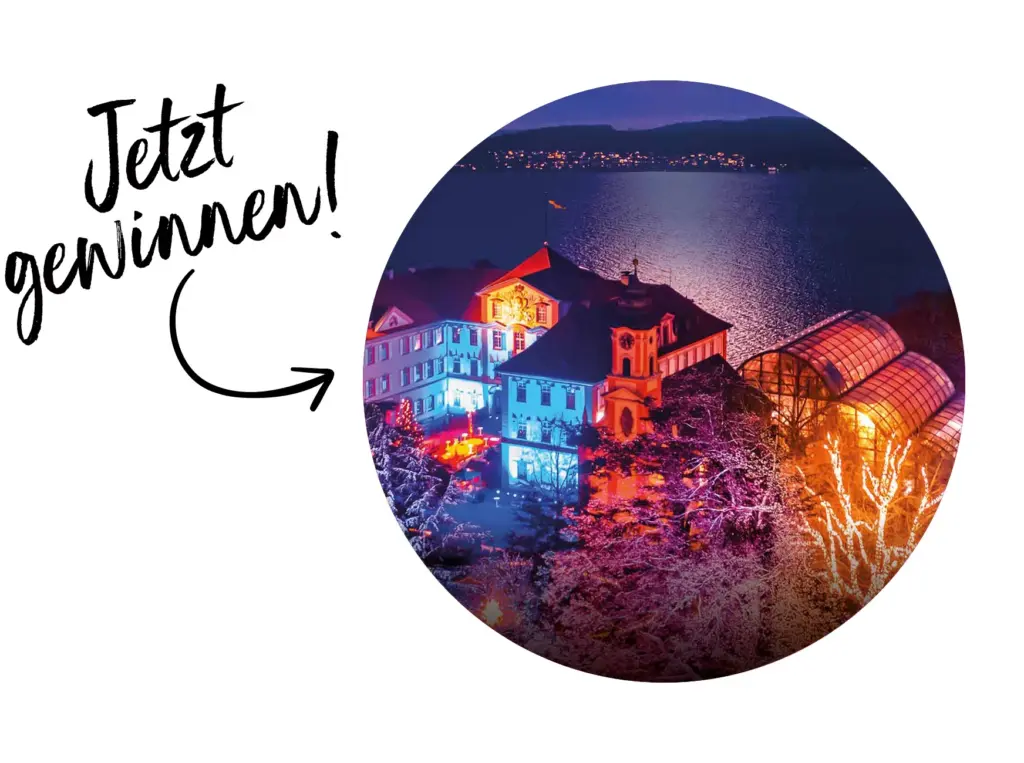 Zu sehen ist der Christmas Garden Mainau. Daneben steht der Schriftzug "Jetzt gewinnen!".