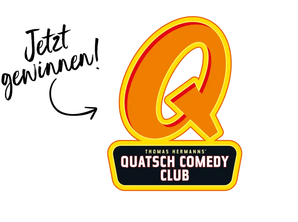 Zu sehen ist das Logo des Quatsch Comedy Clubs und der Schriftzug "Jetzt gewinnen!".